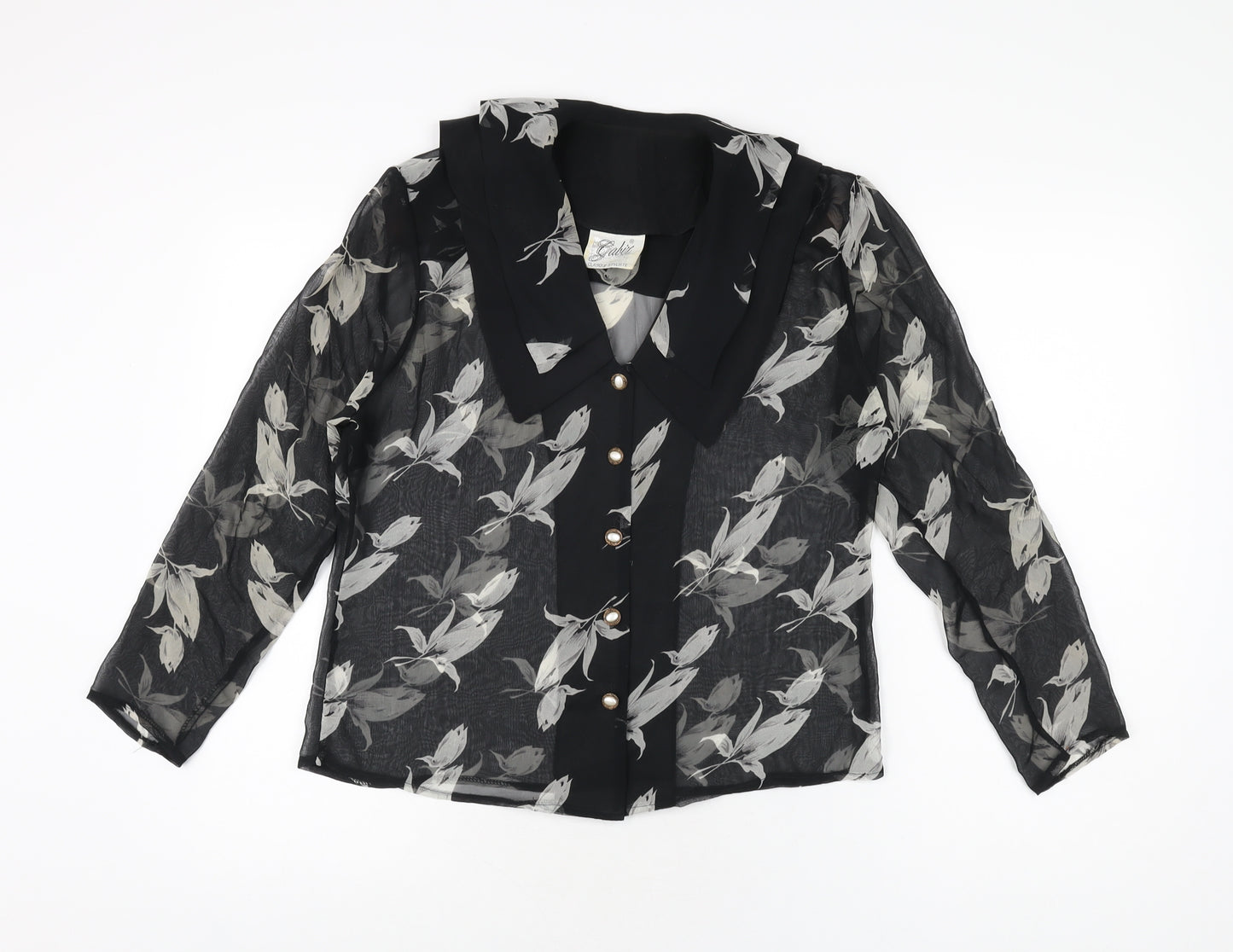 Gabiz Womens Black Floral Polyester Basic Button-Up Size 12 Collared