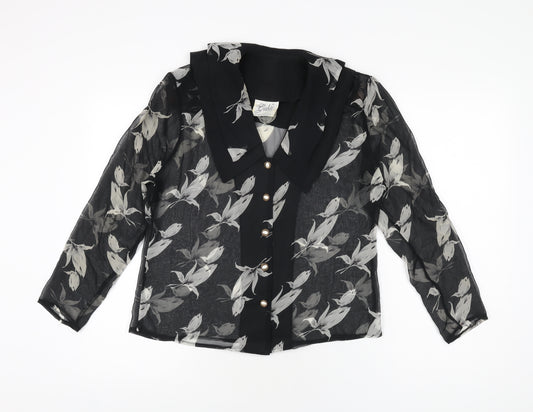 Front view of Gabiz women’s black floral polyester basic button-up, size UK 12, collared