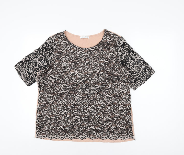 Marks and Spencer Womens Pink Floral Polyamide Basic T-Shirt Size 16 Round Neck