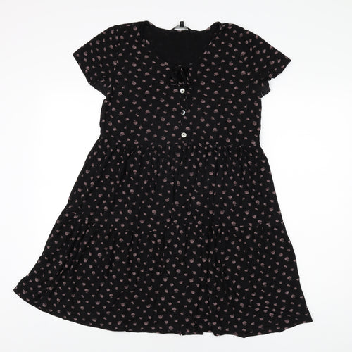 NEXT Womens Black Geometric Viscose Shift Size 6 Round Neck Button