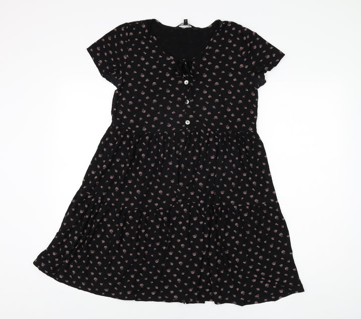 NEXT Womens Black Geometric Viscose Shift Size 6 Round Neck Button