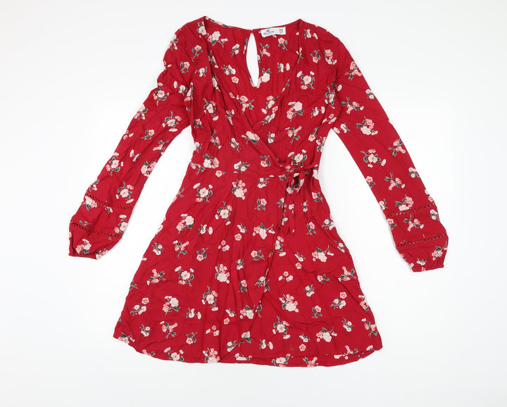 Hollister Womens Red Floral Polyester Skater Dress Size XS V-Neck Zip