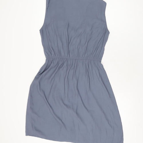 H&M Womens Blue Polyester Skater Dress Size 8 V-Neck Zip