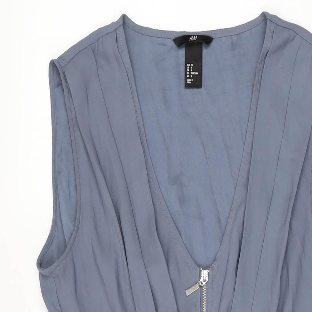 H&M Womens Blue Polyester Skater Dress Size 8 V-Neck Zip