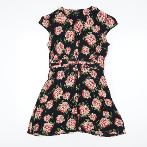 Topshop Womens Black Floral Viscose Skater Dress Size 12 V-Neck Button