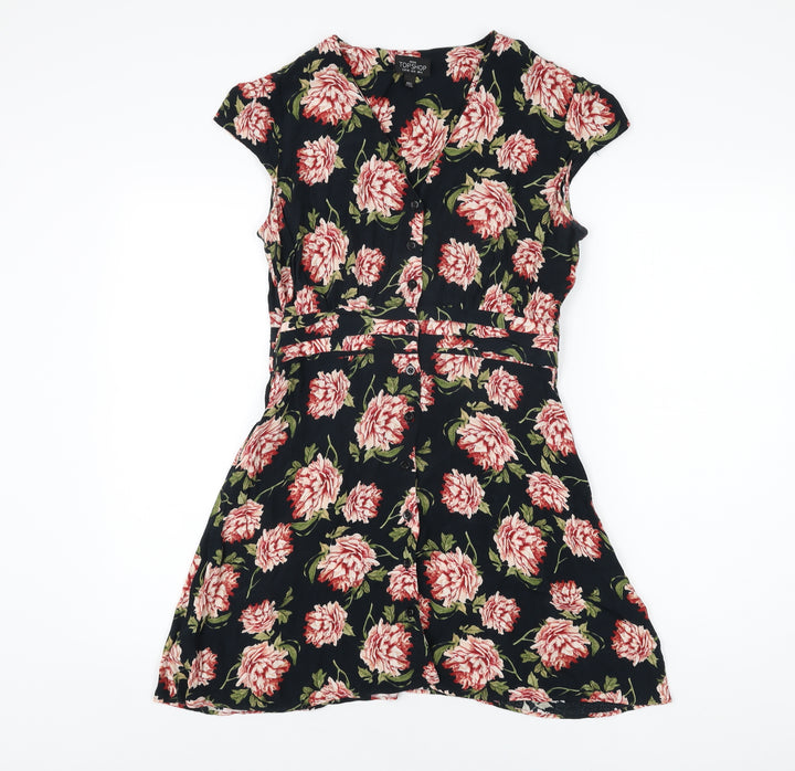 Topshop Womens Black Floral Viscose Skater Dress Size 12 V-Neck Button