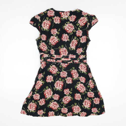 Topshop Womens Black Floral Viscose Skater Dress Size 12 V-Neck Button
