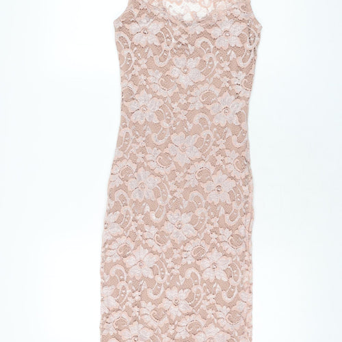 Amy Childs Womens Pink Floral Nylon Bodycon Size 8 Round Neck Button