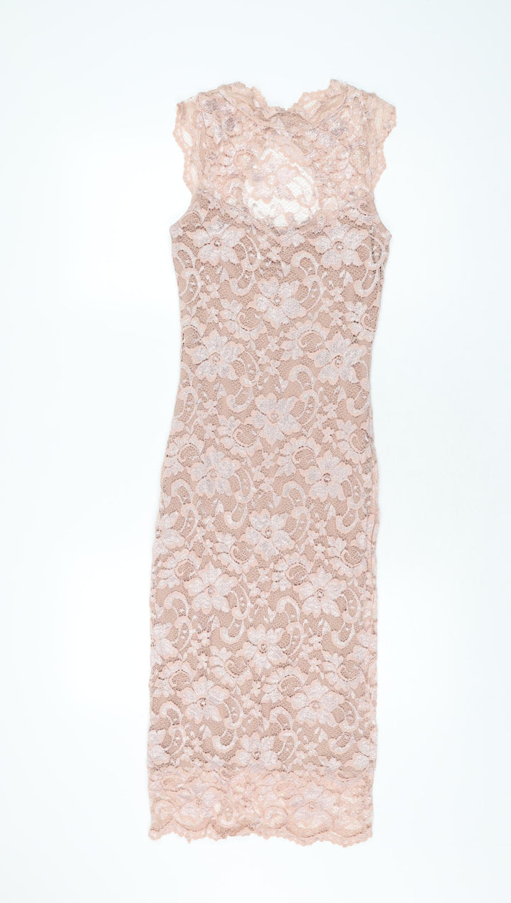 Amy Childs Womens Pink Floral Nylon Bodycon Size 8 Round Neck Button