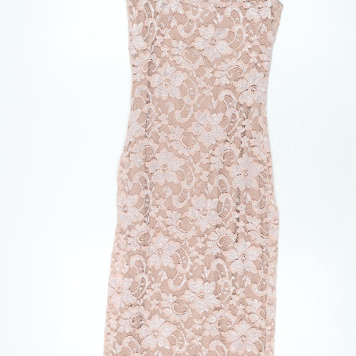 Amy Childs Womens Pink Floral Nylon Bodycon Size 8 Round Neck Button