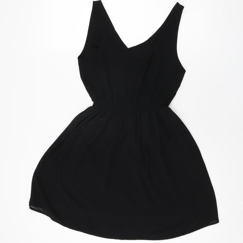 H&M Womens Black Polyester Skater Dress Size 6 V-Neck Pullover