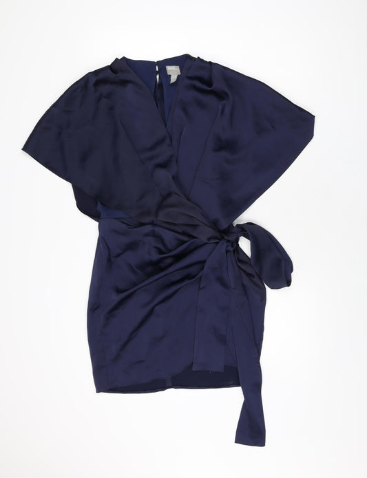 Front view of ASOS women’s blue polyester wrap dress, size UK 10, v-neck zip