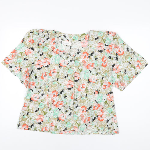 Euro-lady Womens Multicoloured Floral Polyester Basic Button-Up Size 16 Square Neck
