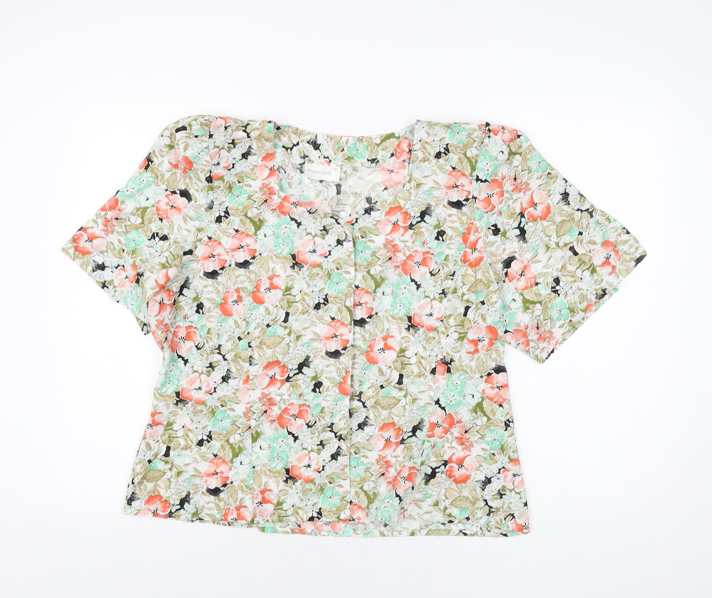 Euro-lady Womens Multicoloured Floral Polyester Basic Button-Up Size 16 Square Neck