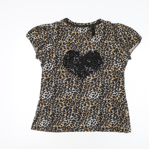NEXT Womens Beige Animal Print Cotton Basic T-Shirt Size 16 Round Neck - Leopard Print