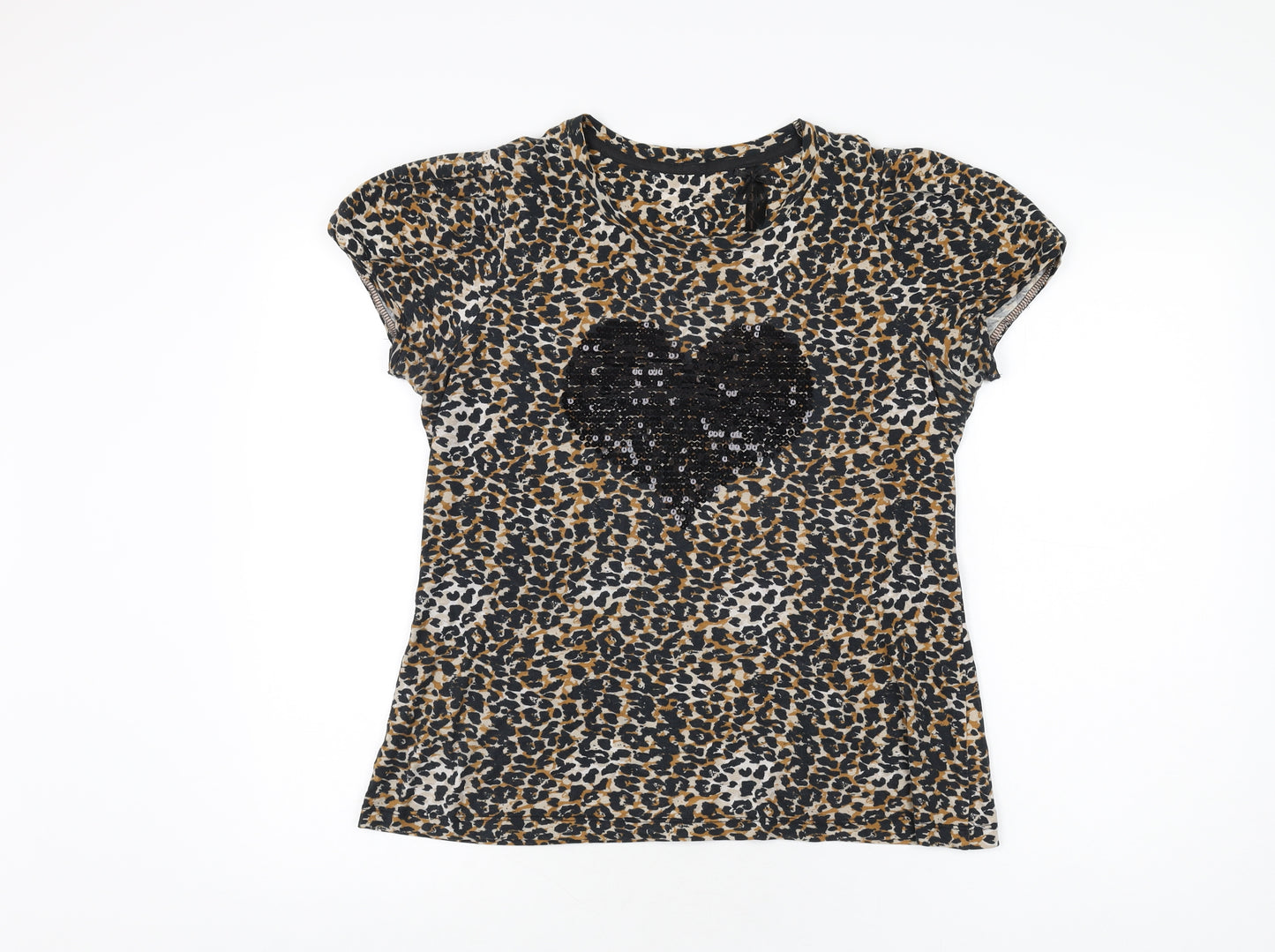 NEXT Womens Beige Animal Print Cotton Basic T-Shirt Size 16 Round Neck - Leopard Print
