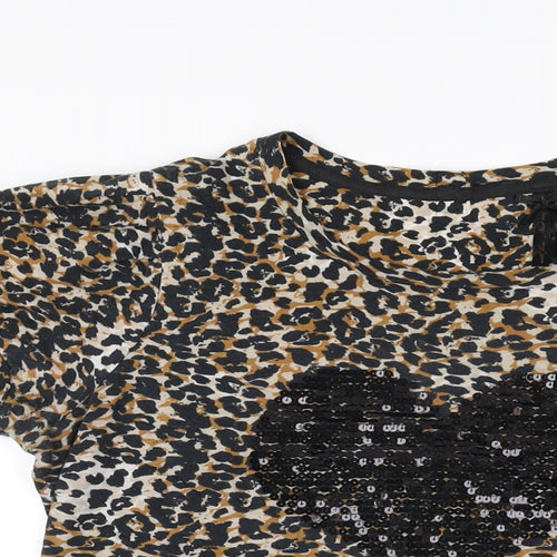 NEXT Womens Beige Animal Print Cotton Basic T-Shirt Size 16 Round Neck - Leopard Print