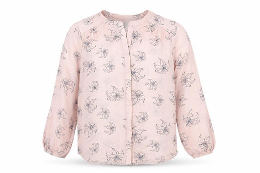 Front view of Fenn Wright Manson women’s pink floral polyester basic button-up, size UK 12, round neck