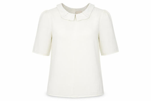 Front view of H&M women’s ivory polyester basic blouse, size UK 8, collared