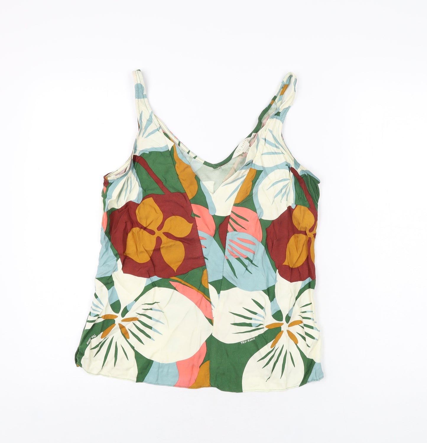 Ted Baker Womens Multicoloured Floral Viscose Basic T-Shirt Size 10 V-Neck