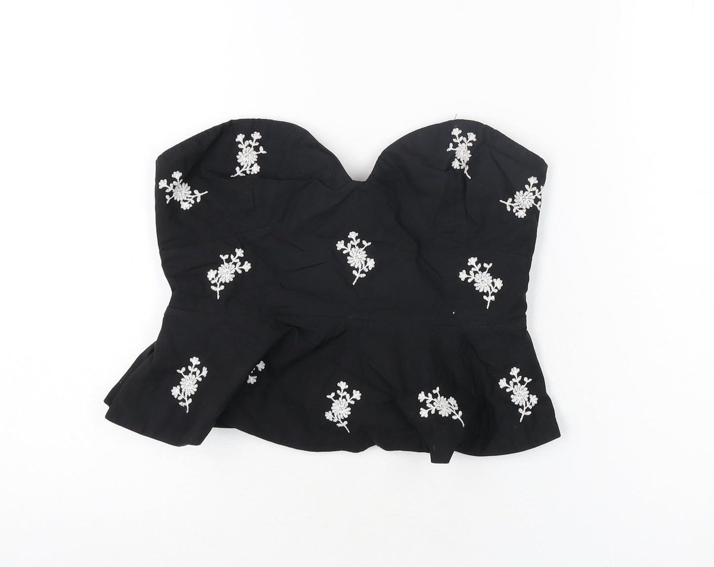 Zara Womens Black Floral Polyester Cropped T-Shirt Size S Off the Shoulder