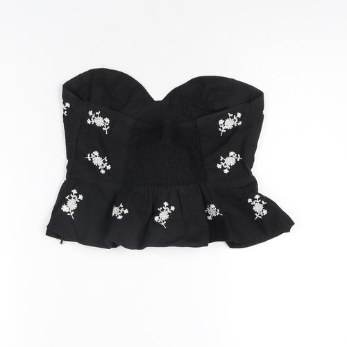 Zara Womens Black Floral Polyester Cropped T-Shirt Size S Off the Shoulder