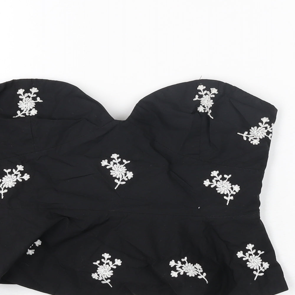 Zara Womens Black Floral Polyester Cropped T-Shirt Size S Off the Shoulder