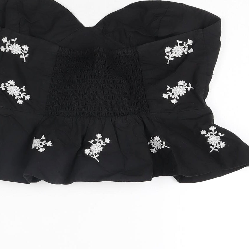 Zara Womens Black Floral Polyester Cropped T-Shirt Size S Off the Shoulder