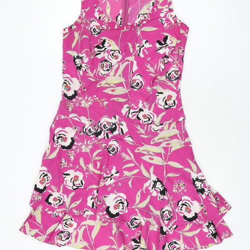 Marks and Spencer Womens Pink Floral Polyester Shift Size 8 Scoop Neck Zip