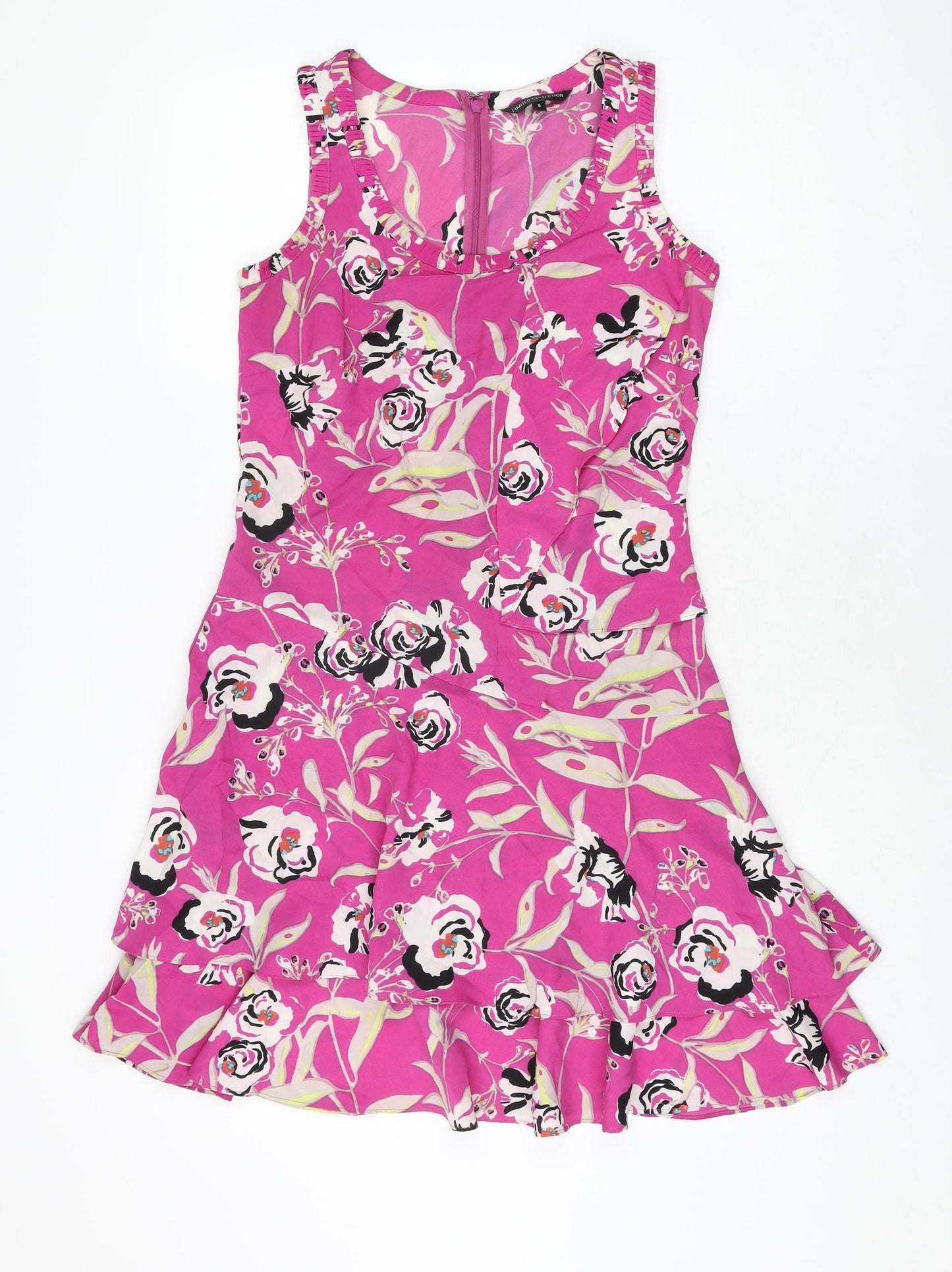 Marks and Spencer Womens Pink Floral Polyester Shift Size 8 Scoop Neck Zip