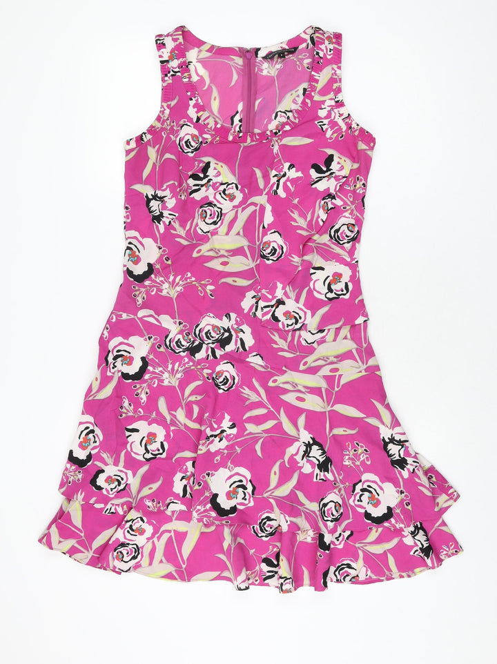 Marks and Spencer Womens Pink Floral Polyester Shift Size 8 Scoop Neck Zip