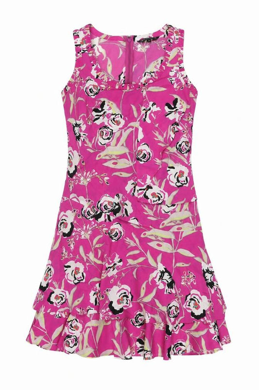 Front view of Marks & Spencer women’s pink floral polyester shift, size UK 8, scoop neck zip