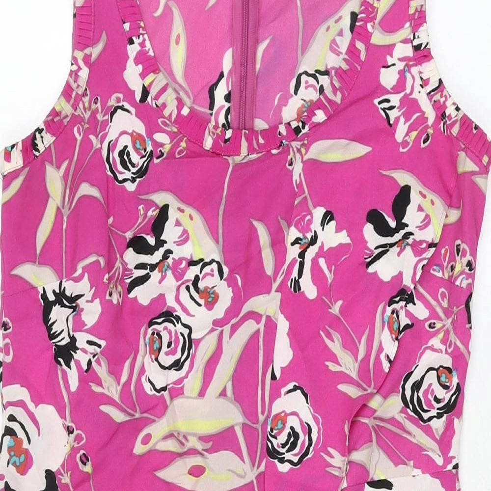 Marks and Spencer Womens Pink Floral Polyester Shift Size 8 Scoop Neck Zip