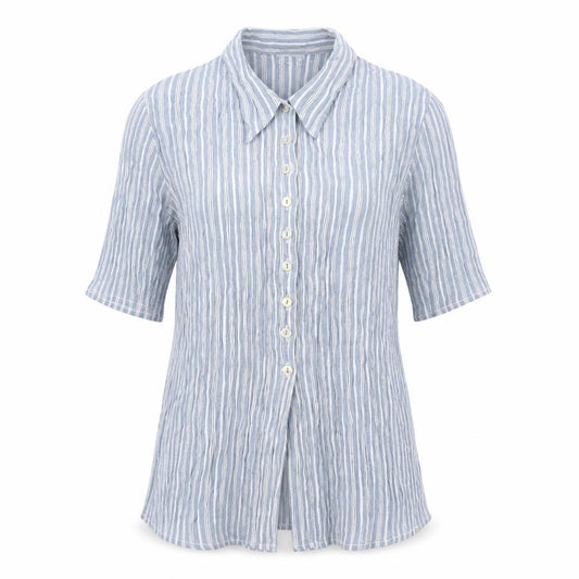 Front view of OPUS women’s blue striped viscose basic button-up, size UK 12, collared