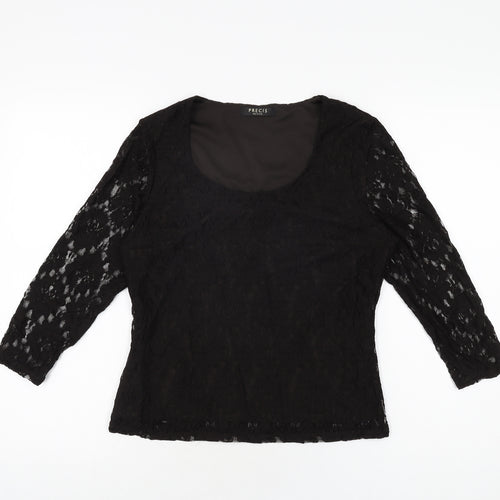 Precis Womens Black Floral Nylon Basic T-Shirt Size S Scoop Neck