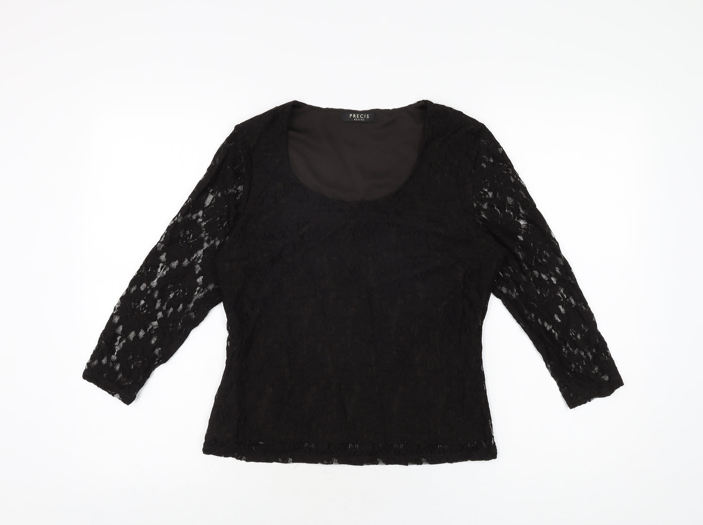 Precis Womens Black Floral Nylon Basic T-Shirt Size S Scoop Neck