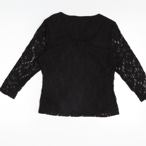 Precis Womens Black Floral Nylon Basic T-Shirt Size S Scoop Neck