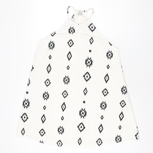 Zara Womens White Geometric Polyester Basic T-Shirt Size S Round Neck