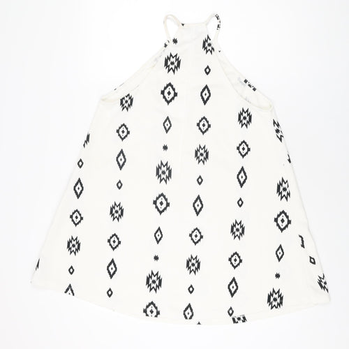 Zara Womens White Geometric Polyester Basic T-Shirt Size S Round Neck