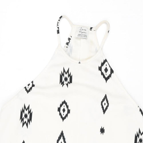 Zara Womens White Geometric Polyester Basic T-Shirt Size S Round Neck
