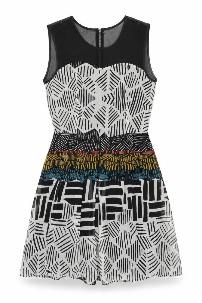 Marks and Spencer Womens Multicoloured Geometric Polyester Skater Dress Size 10 Round Neck Zip
