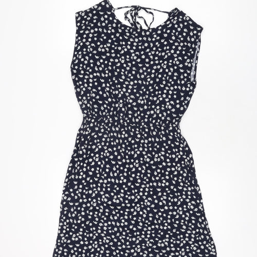 Apricot Womens Blue Floral Viscose Skater Dress Size 8 Round Neck Tie
