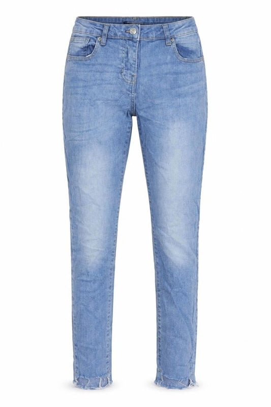 Front view of Parisian women’s blue cotton skinny jeans, size UK 8, 26-inch leg regular zip - raw hem