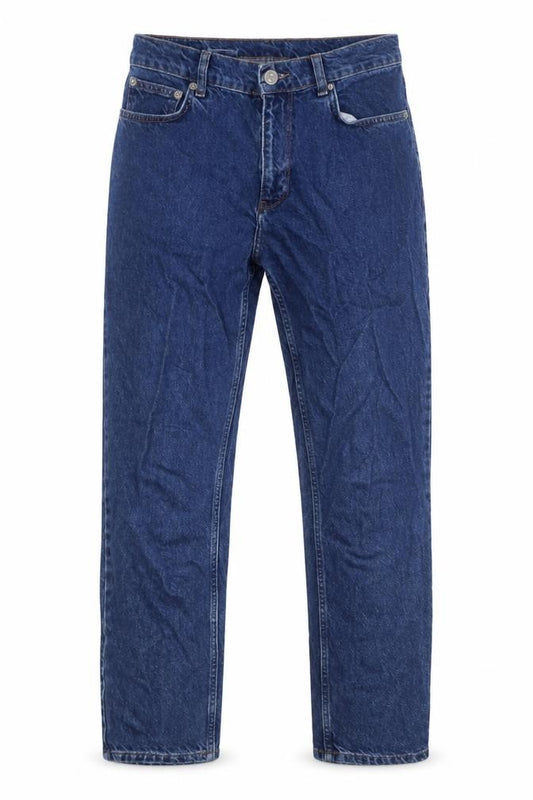 Front view of Mango women’s blue cotton mom jeans, size UK 8, 28-inch leg regular zip