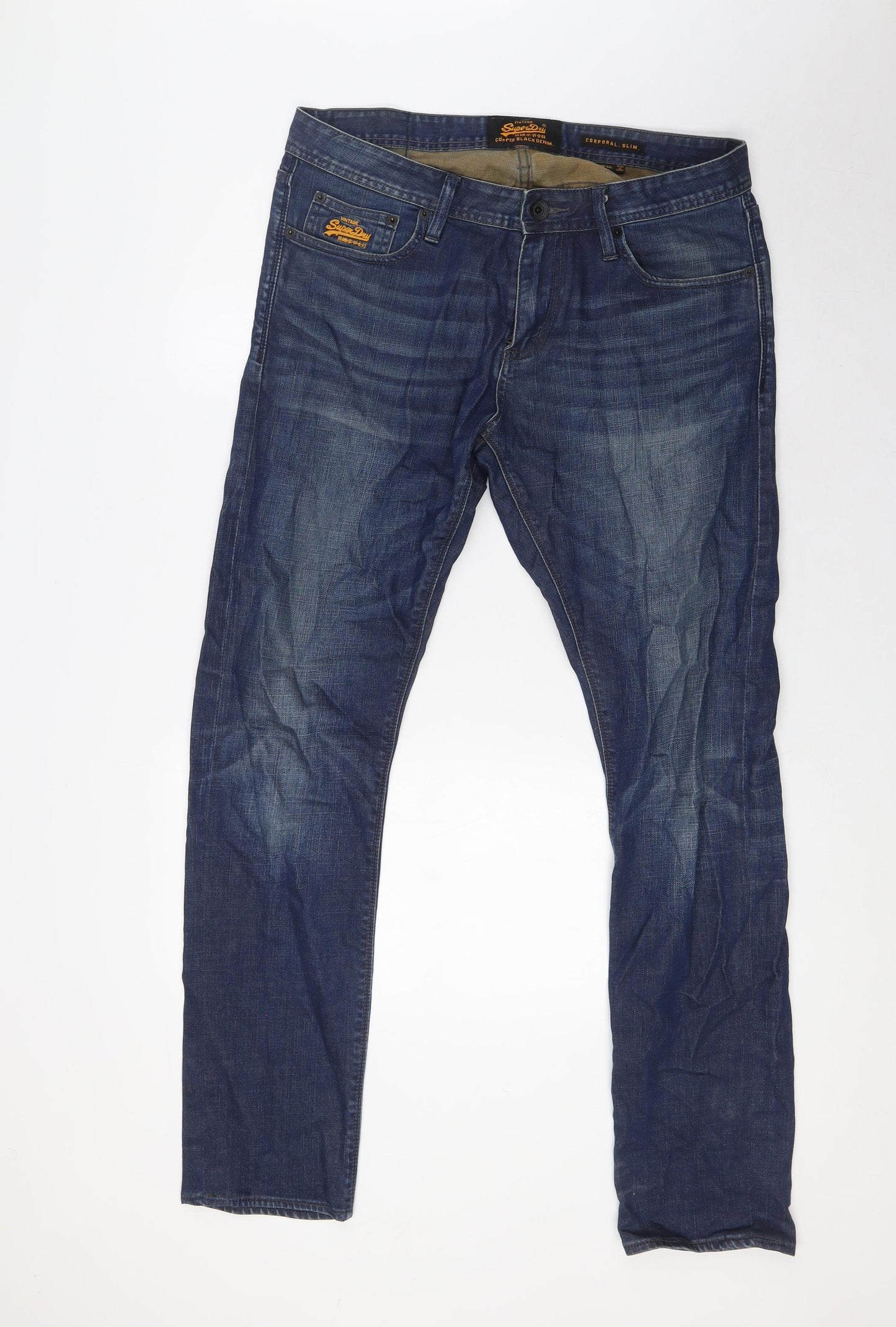 Superdry Mens Blue Cotton Straight Jeans Size 34 in L32 in Slim Zip