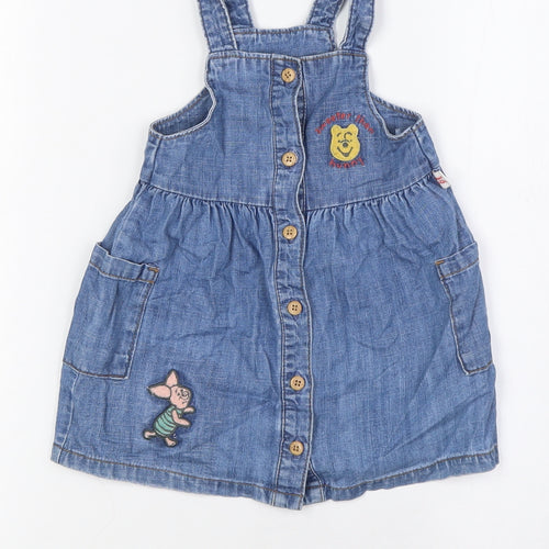 Marks and Spencer Girls Blue 100% Cotton A-Line Size 9-12 Months Square Neck Buckle - Winnie The Pooh