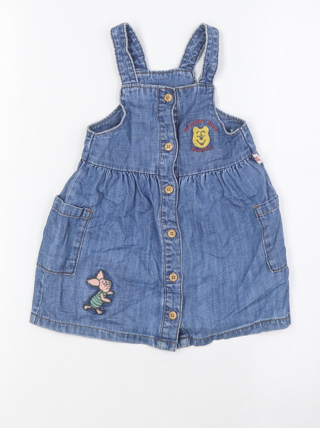 Marks and Spencer Girls Blue 100% Cotton A-Line Size 9-12 Months Square Neck Buckle - Winnie The Pooh
