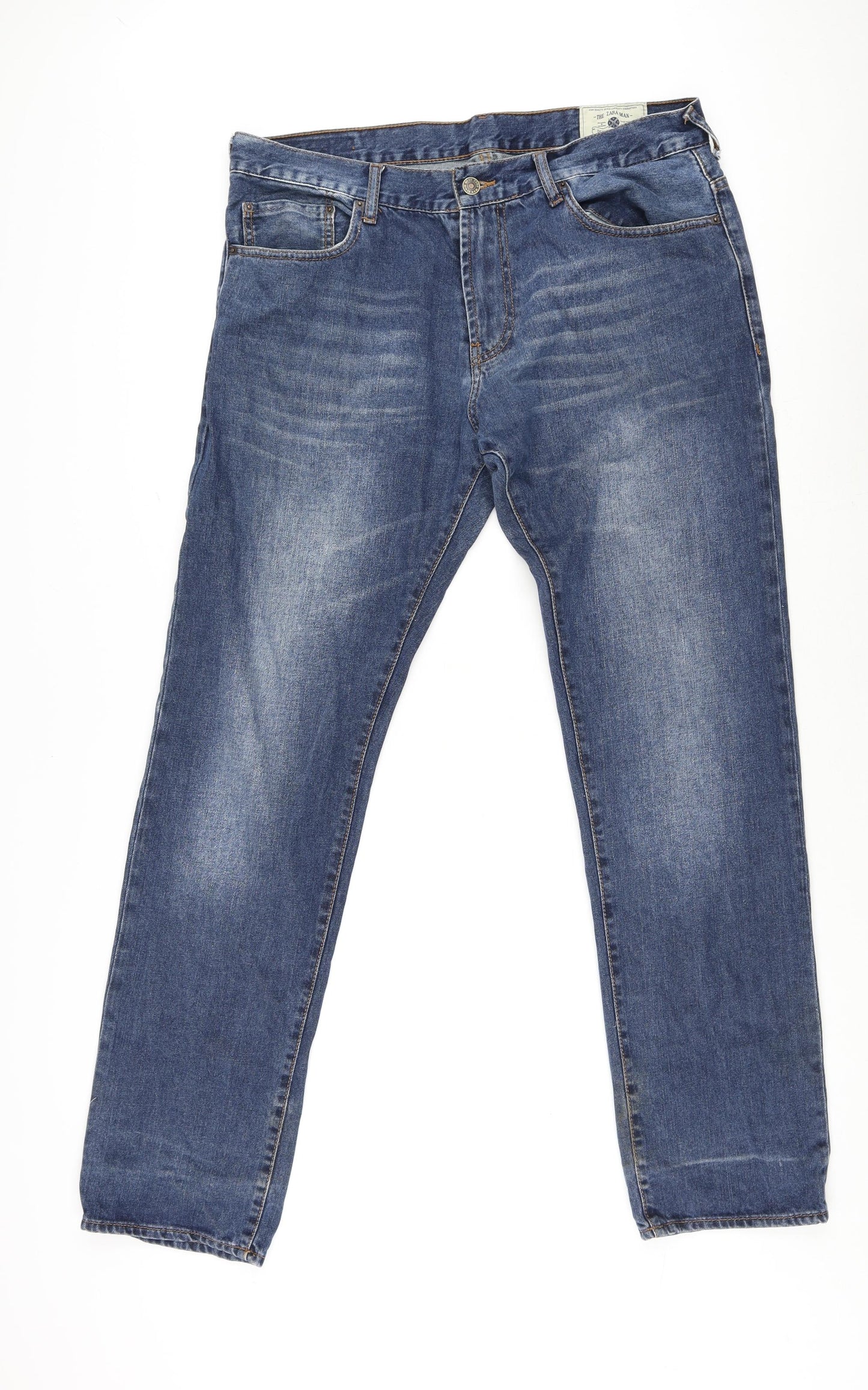 Zara Mens Blue Cotton Straight Jeans Size 46 in L30 in Regular Zip