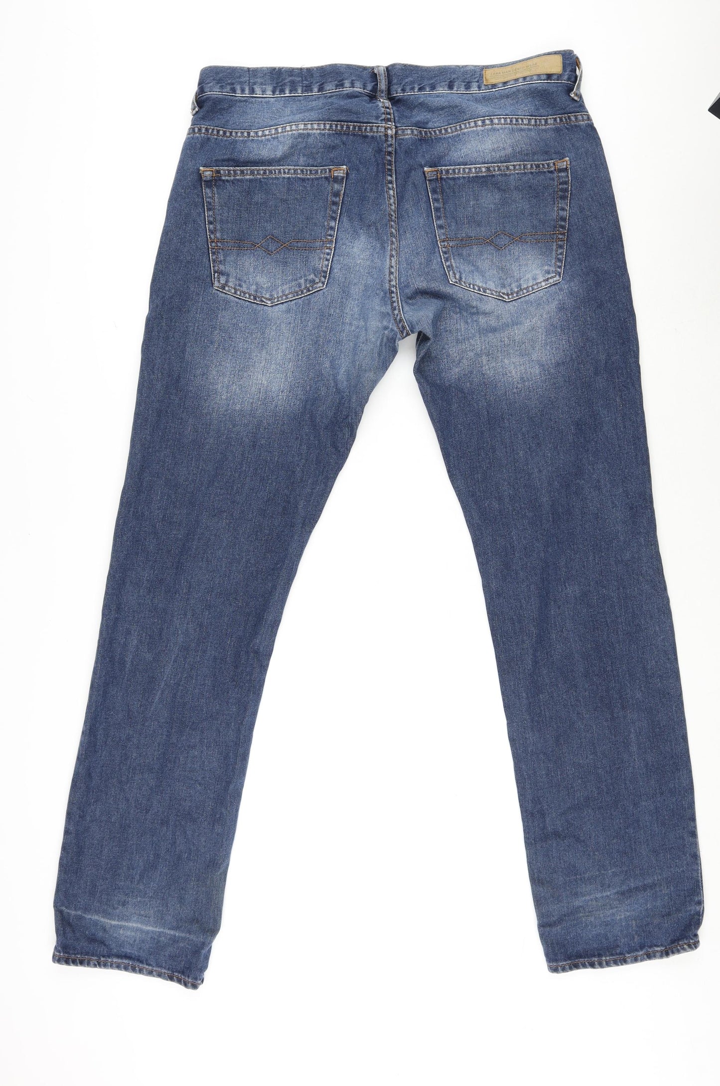 Zara Mens Blue Cotton Straight Jeans Size 46 in L30 in Regular Zip