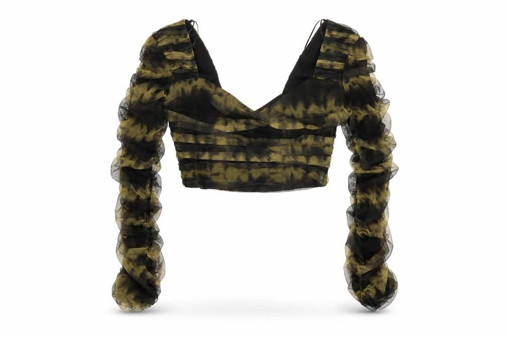 Front view of Zara women’s brown polyester cropped blouse, size S, v-neck
